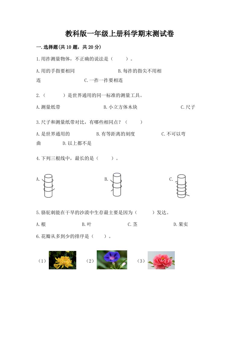 教科版一年级上册科学期末测试卷含完整答案（历年真题）