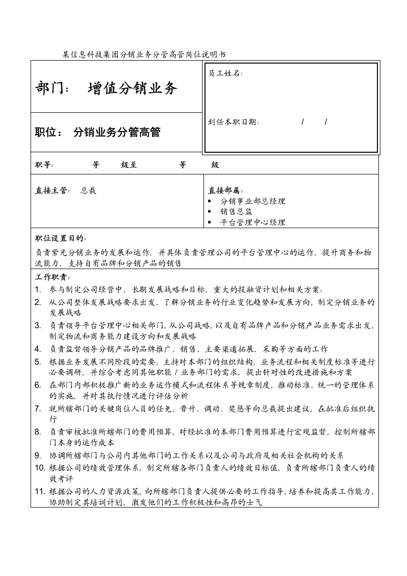 某信息科技集团分销业务分管高管岗位说明书