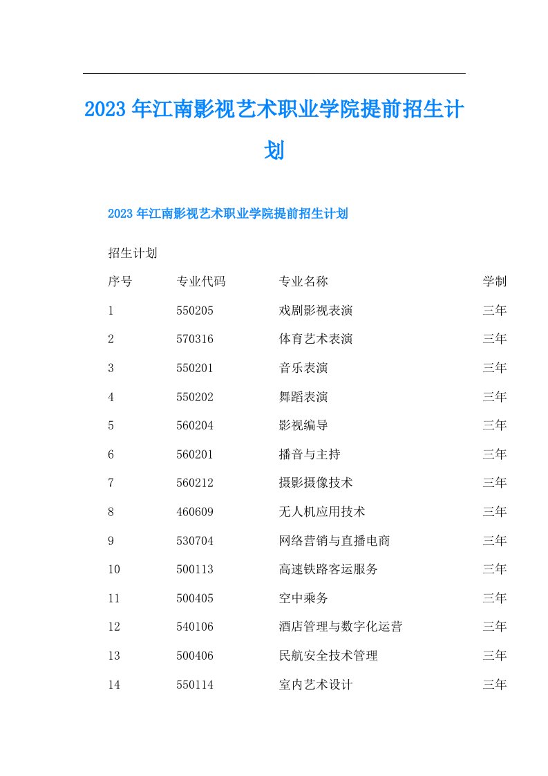 江南影视艺术职业学院提前招生计划