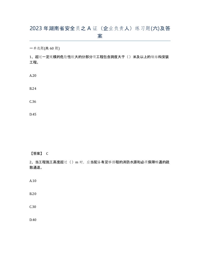 2023年湖南省安全员之A证企业负责人练习题六及答案