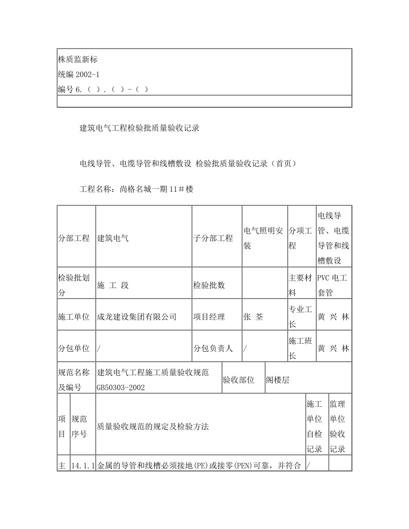 电线导管+电缆导管和线槽敷设检验批质量验收记录