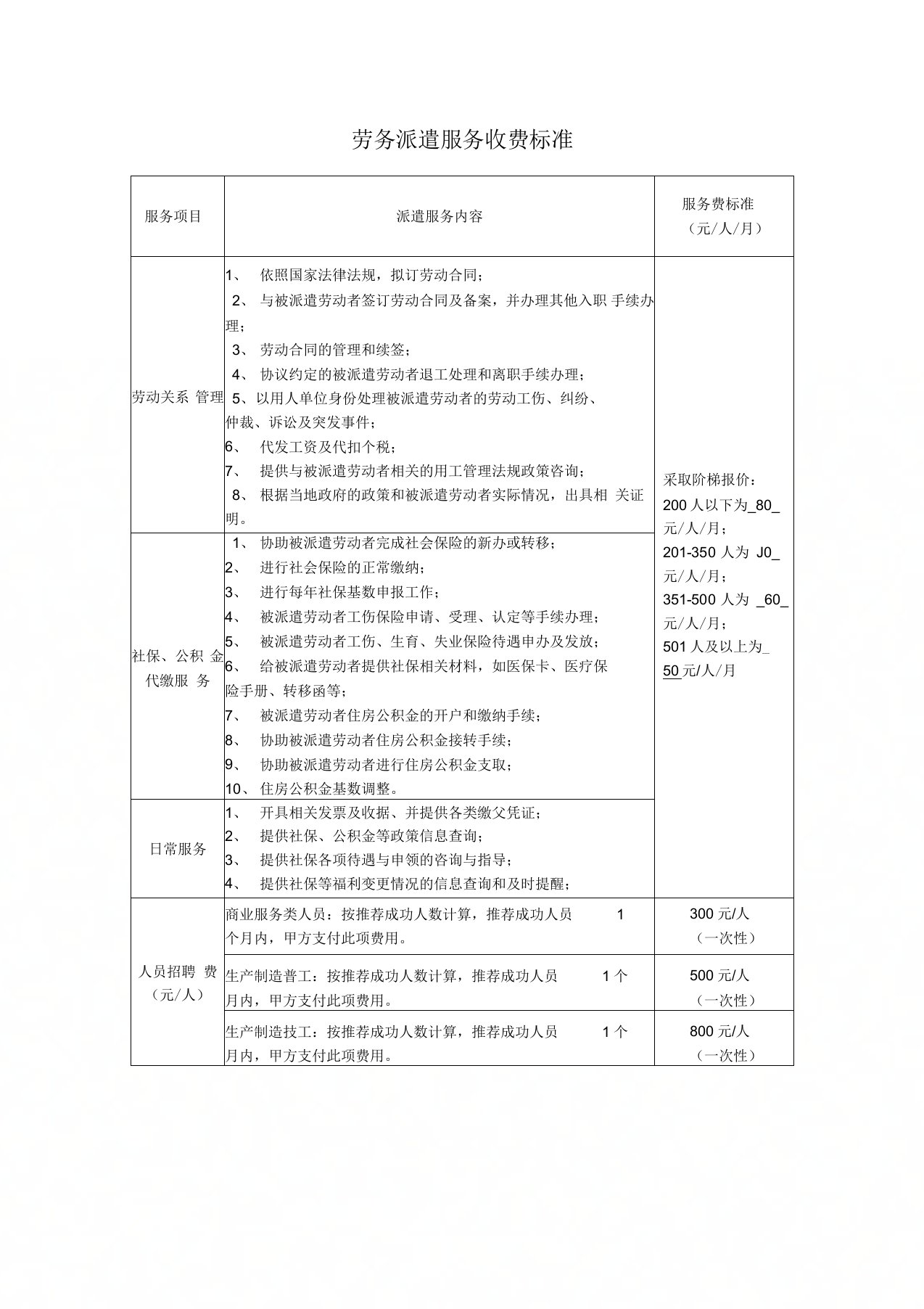 劳务派遣收费标准