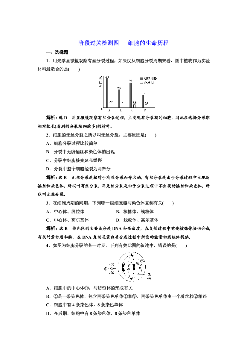 2021-2022新教材人教版生物必修1阶段检测：四