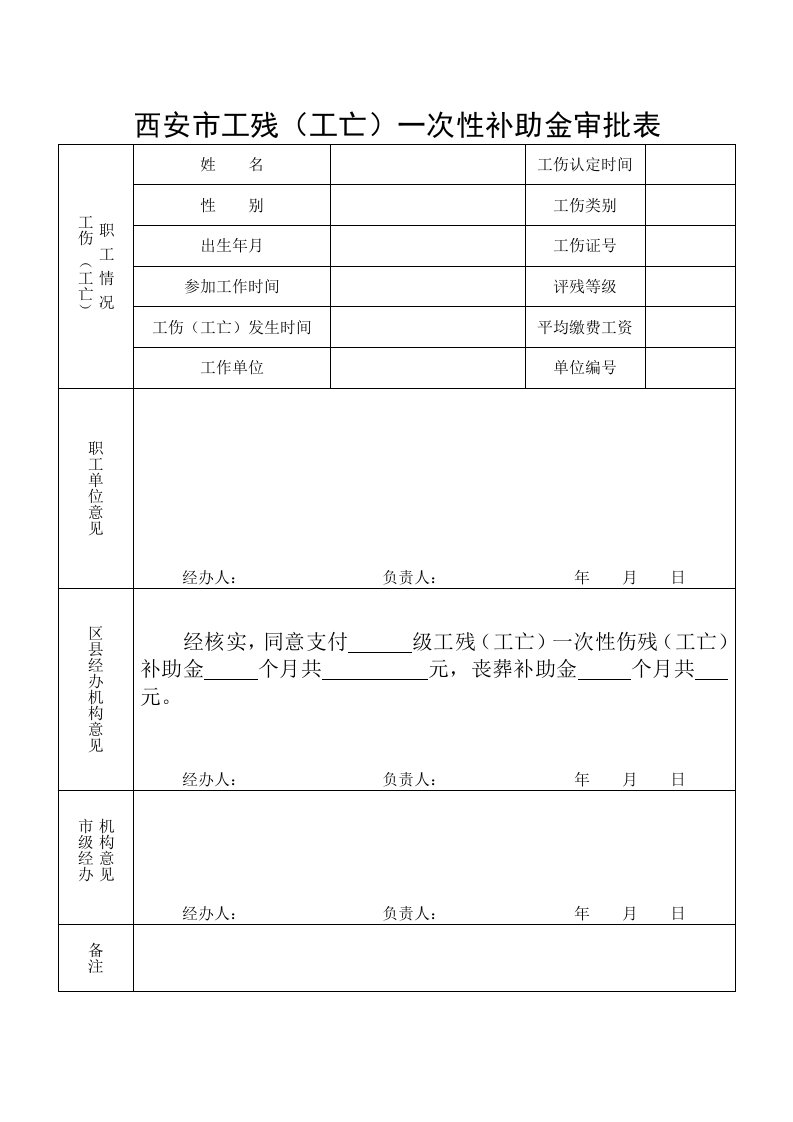 西安市工残（工亡）一次性补助金审批表