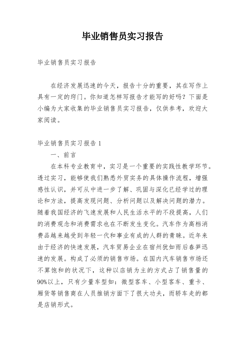 毕业销售员实习报告