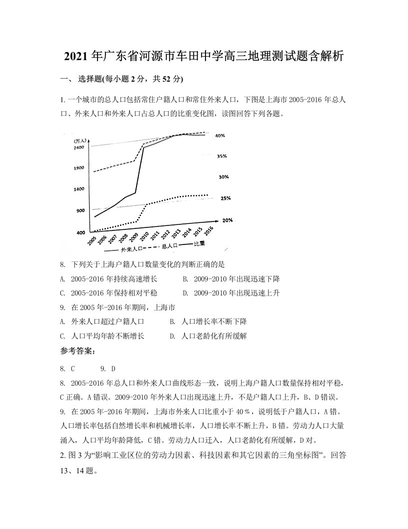 2021年广东省河源市车田中学高三地理测试题含解析