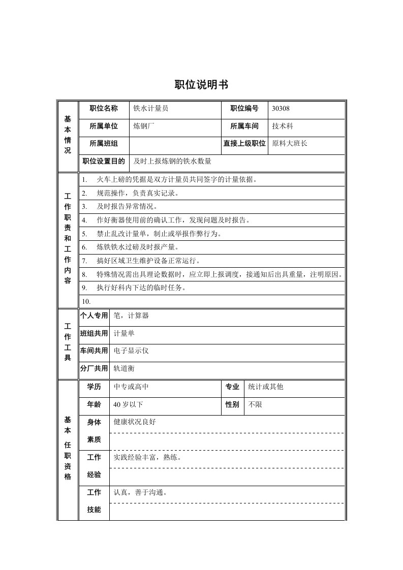 技术科铁水计量员岗位职责