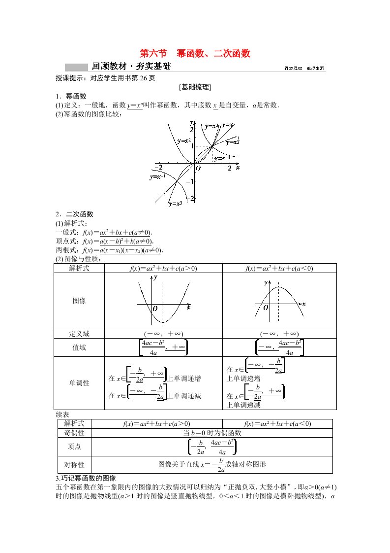 2022高考数学统考一轮复习第二章函数导数及其应用第六节幂函数二次函数教师文档教案文北师大版