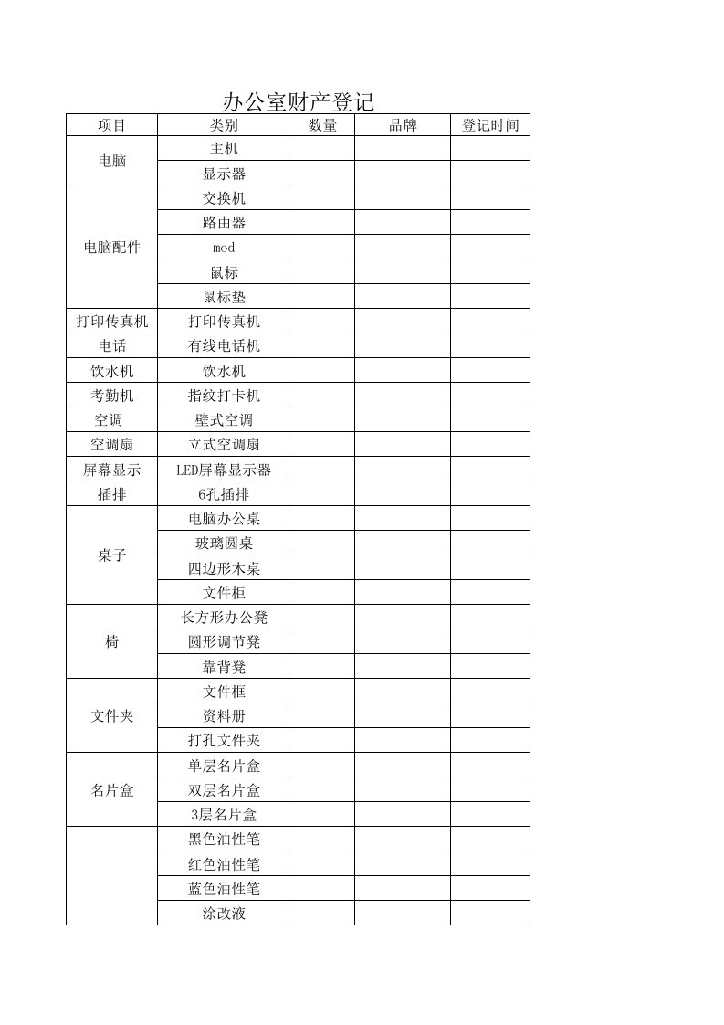 办公室财产登记表