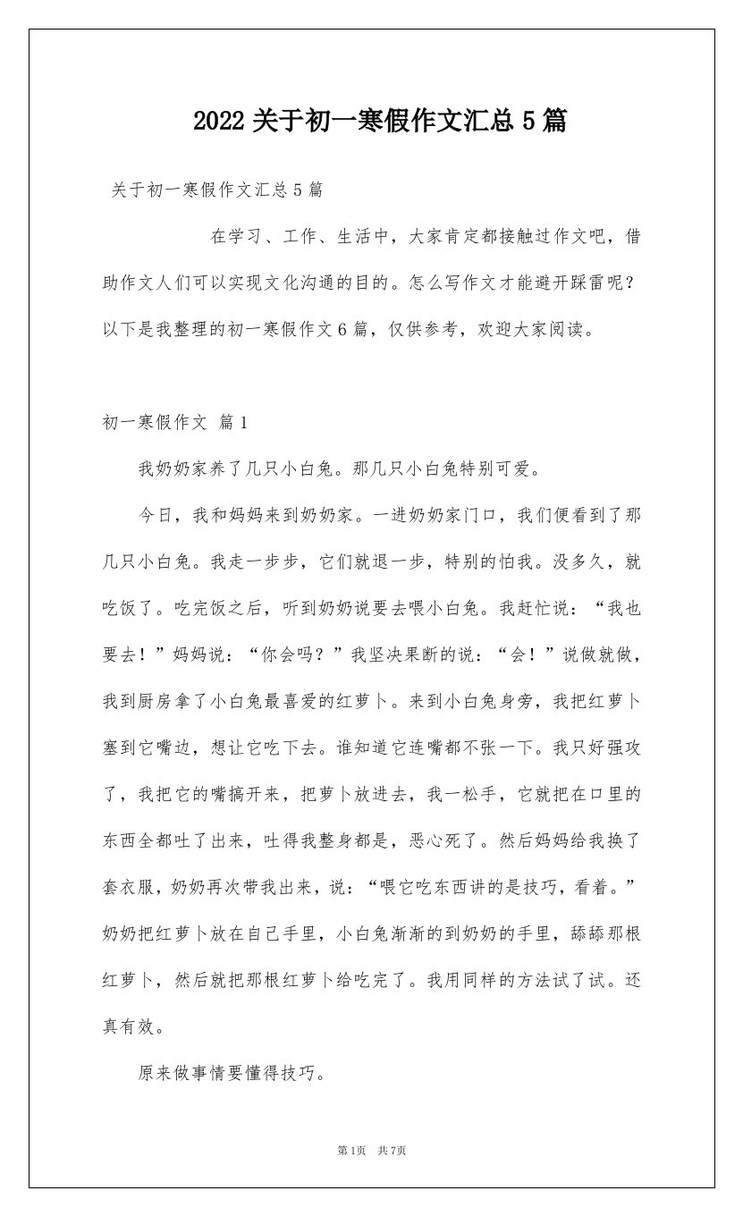 2022关于初一寒假作文汇总5篇