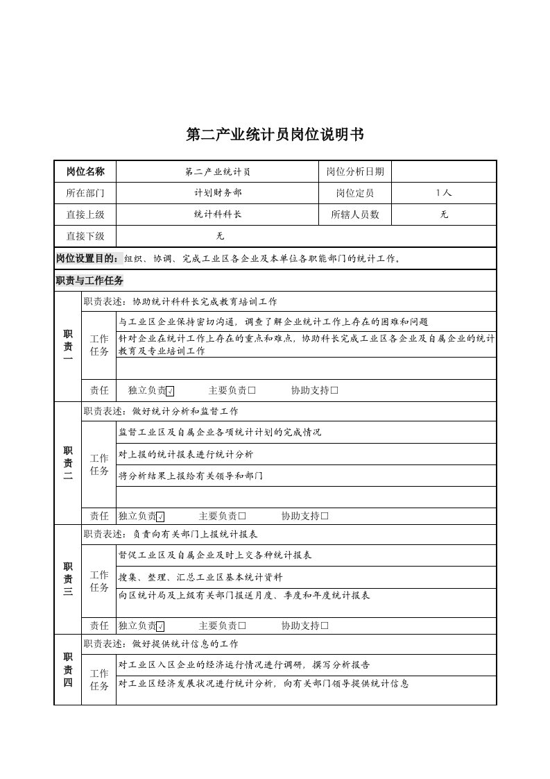 计划财务部第二产业统计员职务说明书