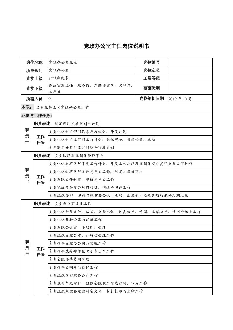 湖北新华医院党政办公室主任岗位说明书