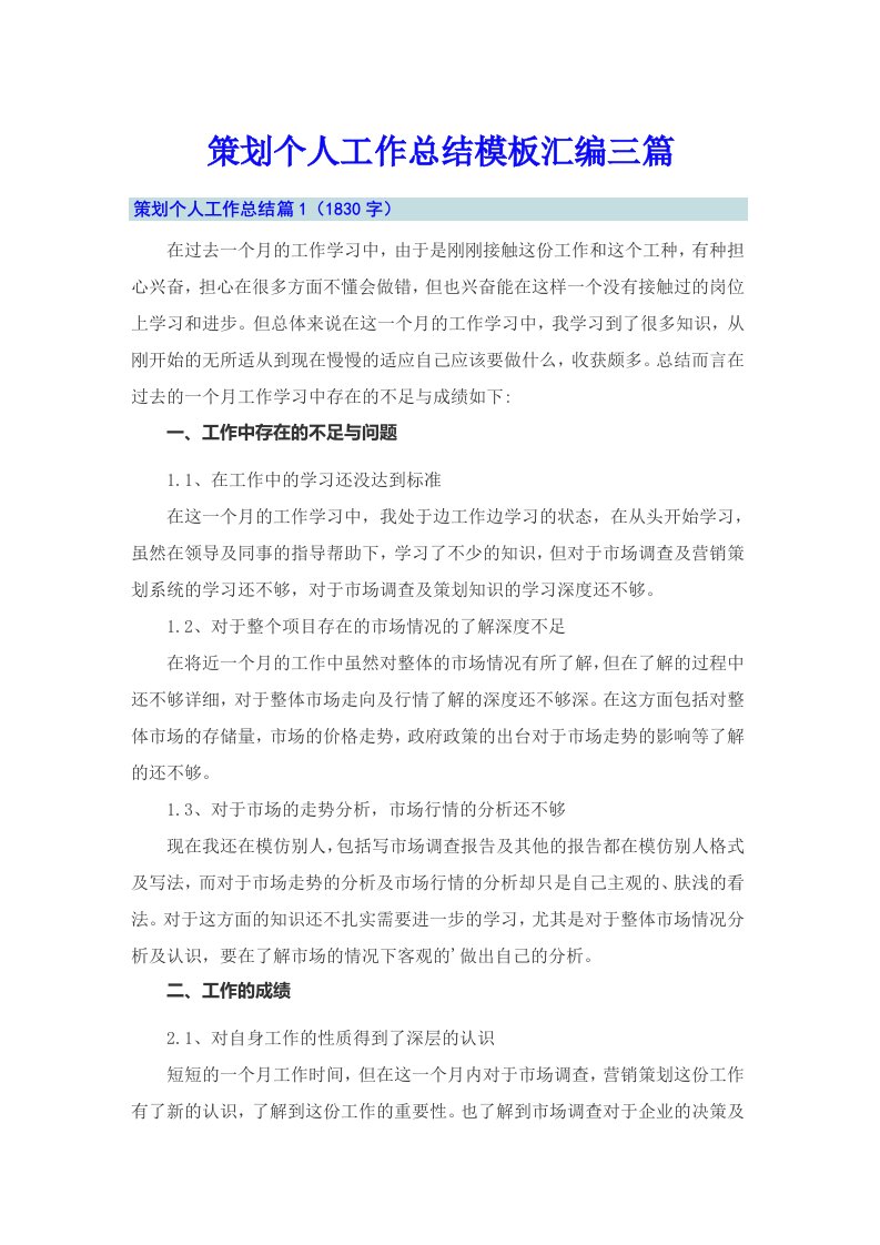 策划个人工作总结模板汇编三篇