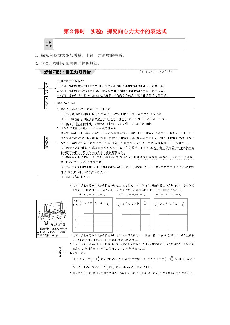 新教材同步备课2024春高中物理第6章圆周运动2向心力第2课时实验：探究向心力大小的表达式教师用书新人教版必修第二册