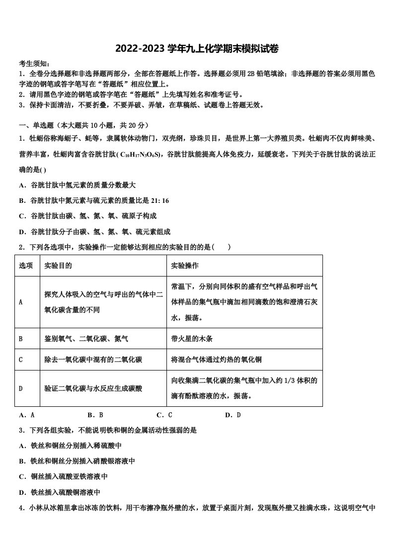 2023届山西省太原志达中学九年级化学第一学期期末达标测试试题含解析