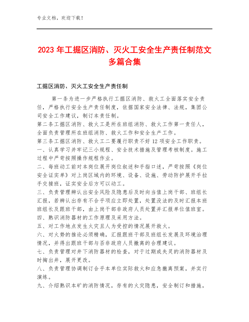 2023年工掘区消防、灭火工安全生产责任制范文多篇合集