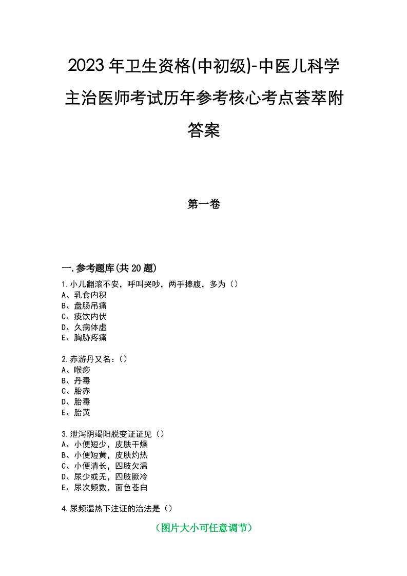 2023年卫生资格(中初级)-中医儿科学主治医师考试历年参考核心考点荟萃附答案