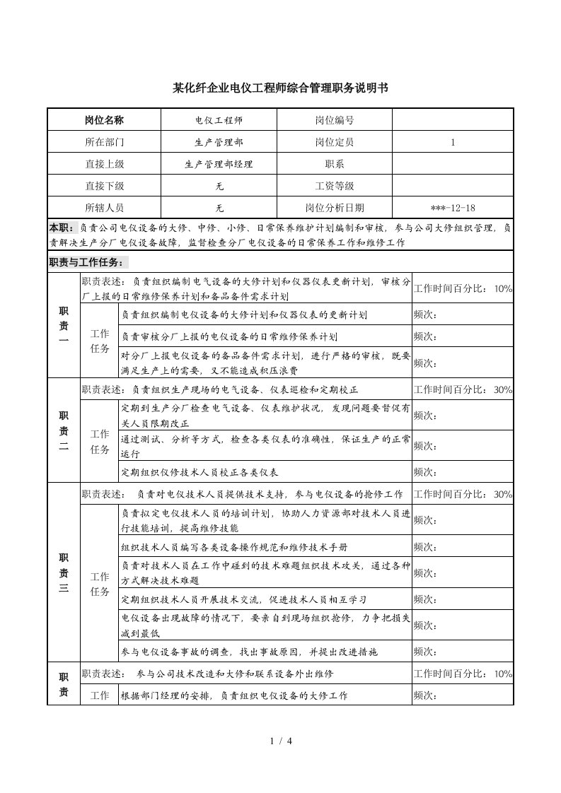 化纤企业电仪工程师综合管理职务说明书