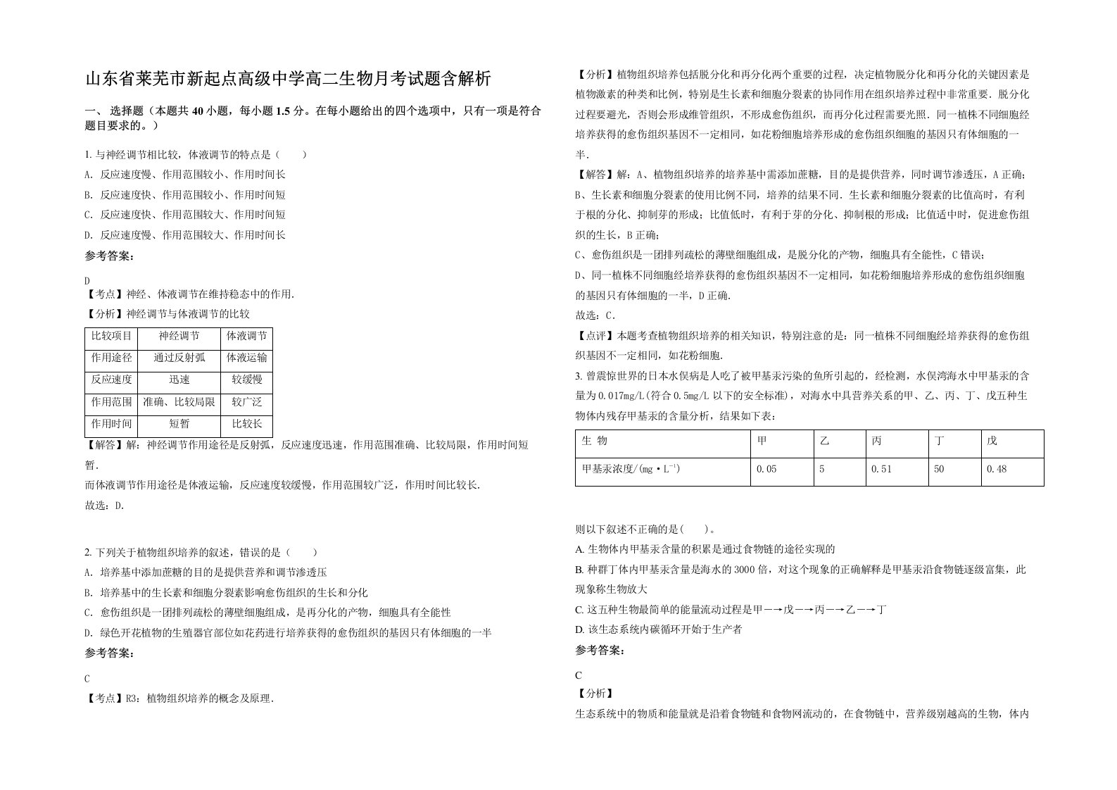 山东省莱芜市新起点高级中学高二生物月考试题含解析