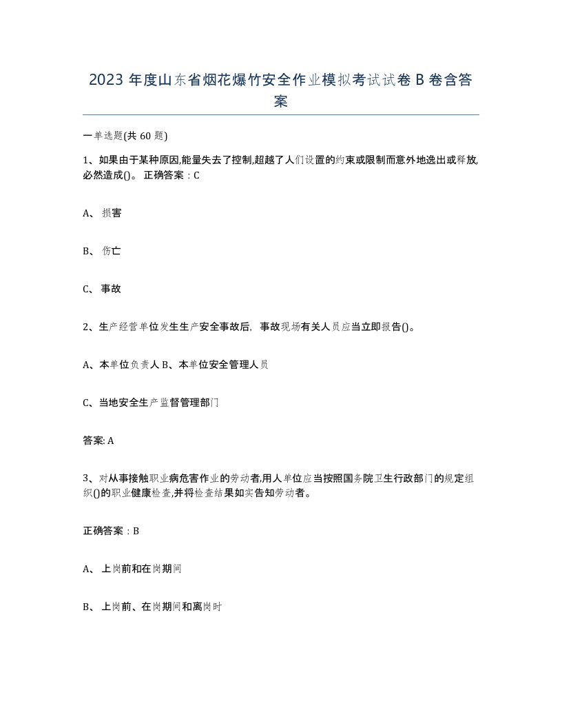 2023年度山东省烟花爆竹安全作业模拟考试试卷B卷含答案