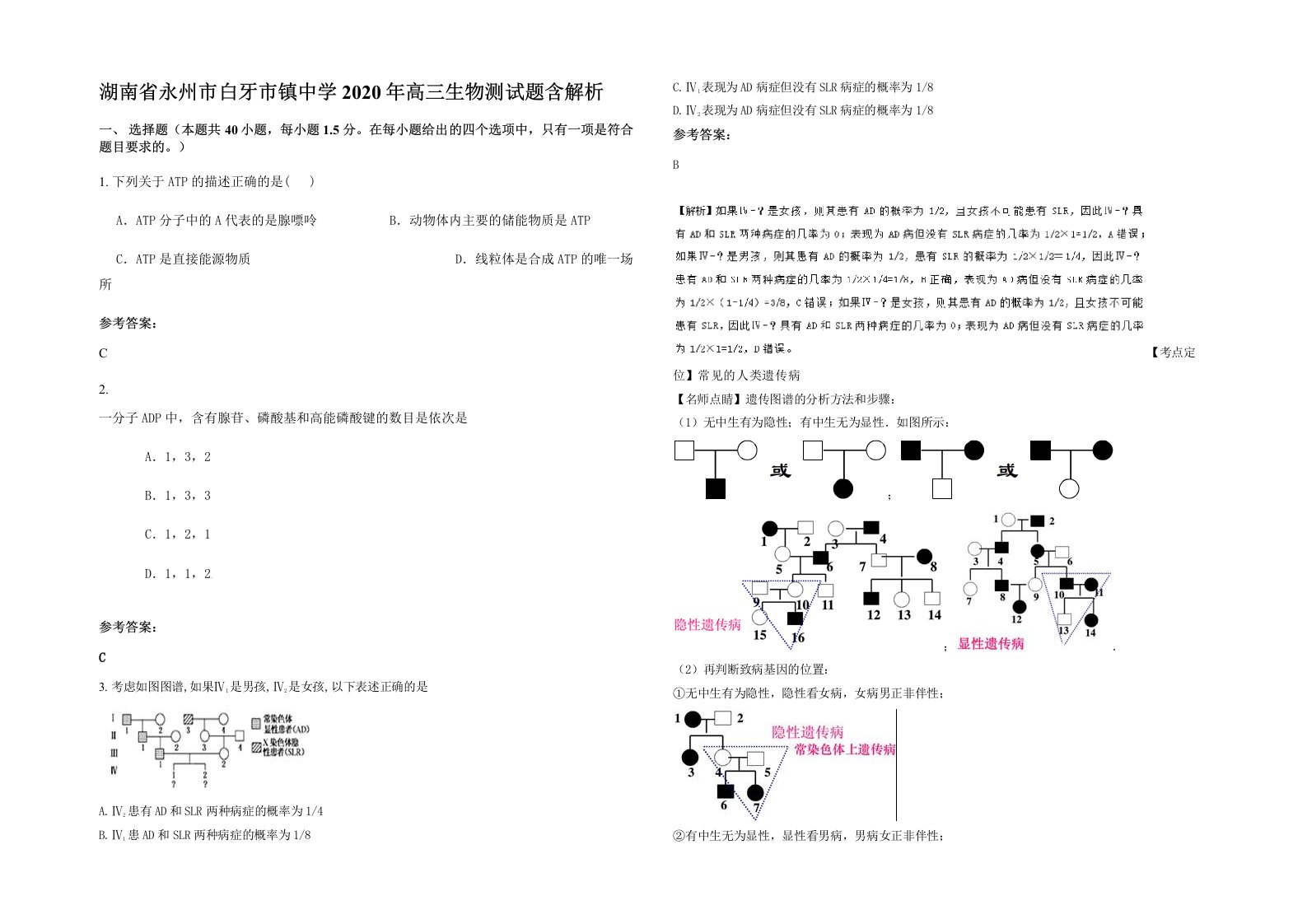 湖南省永州市白牙市镇中学2020年高三生物测试题含解析