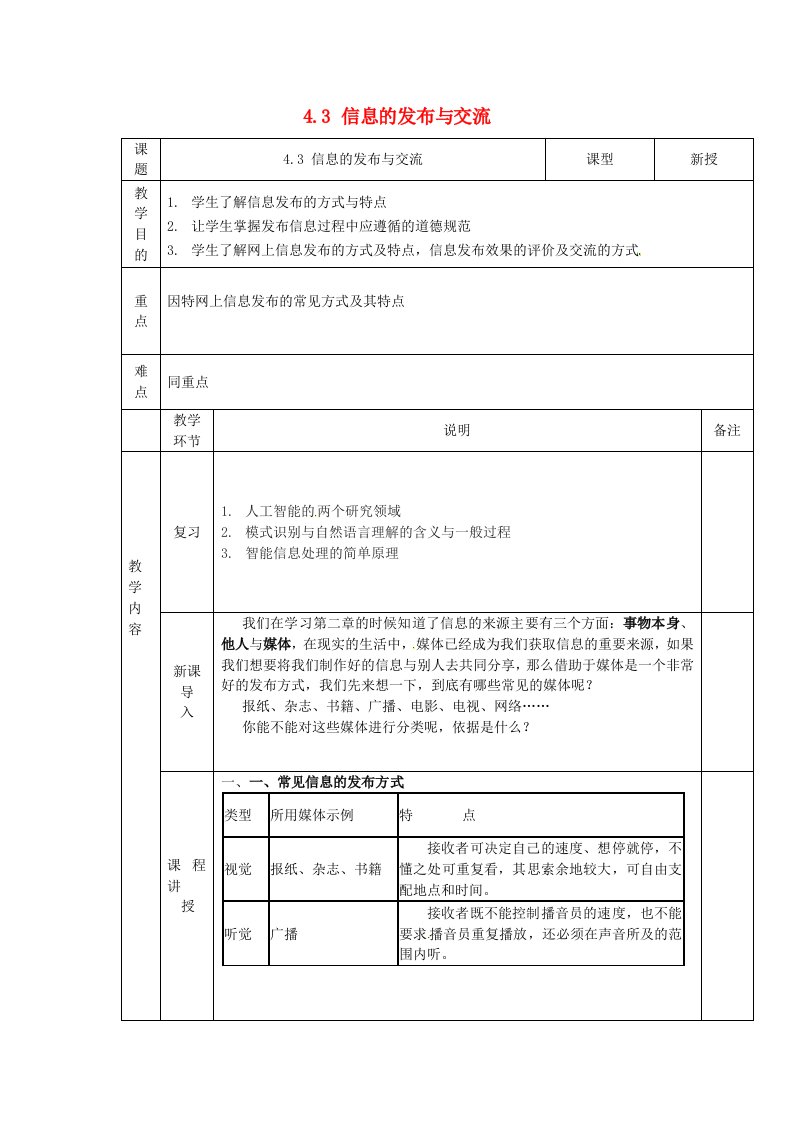 山西省吕梁学院附属高级中学高中信息技术4.3信息的发布与交流教案粤教版必修1