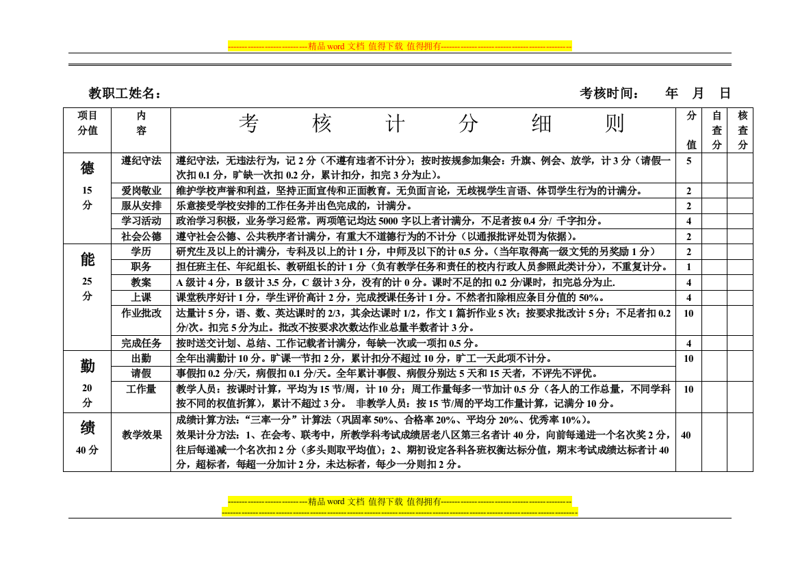 张家界三中教职工年度考核细caogao.