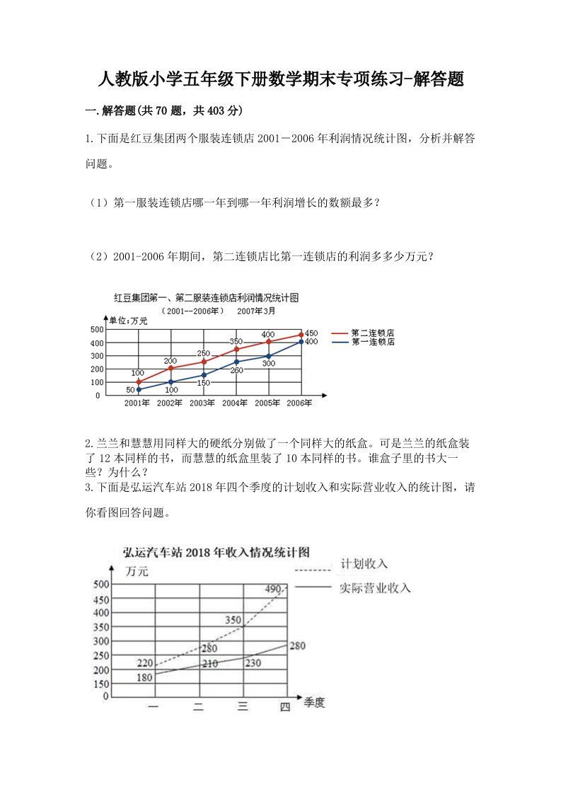 人教版小学五年级下册数学期末专项练习-解答题带答案（b卷）