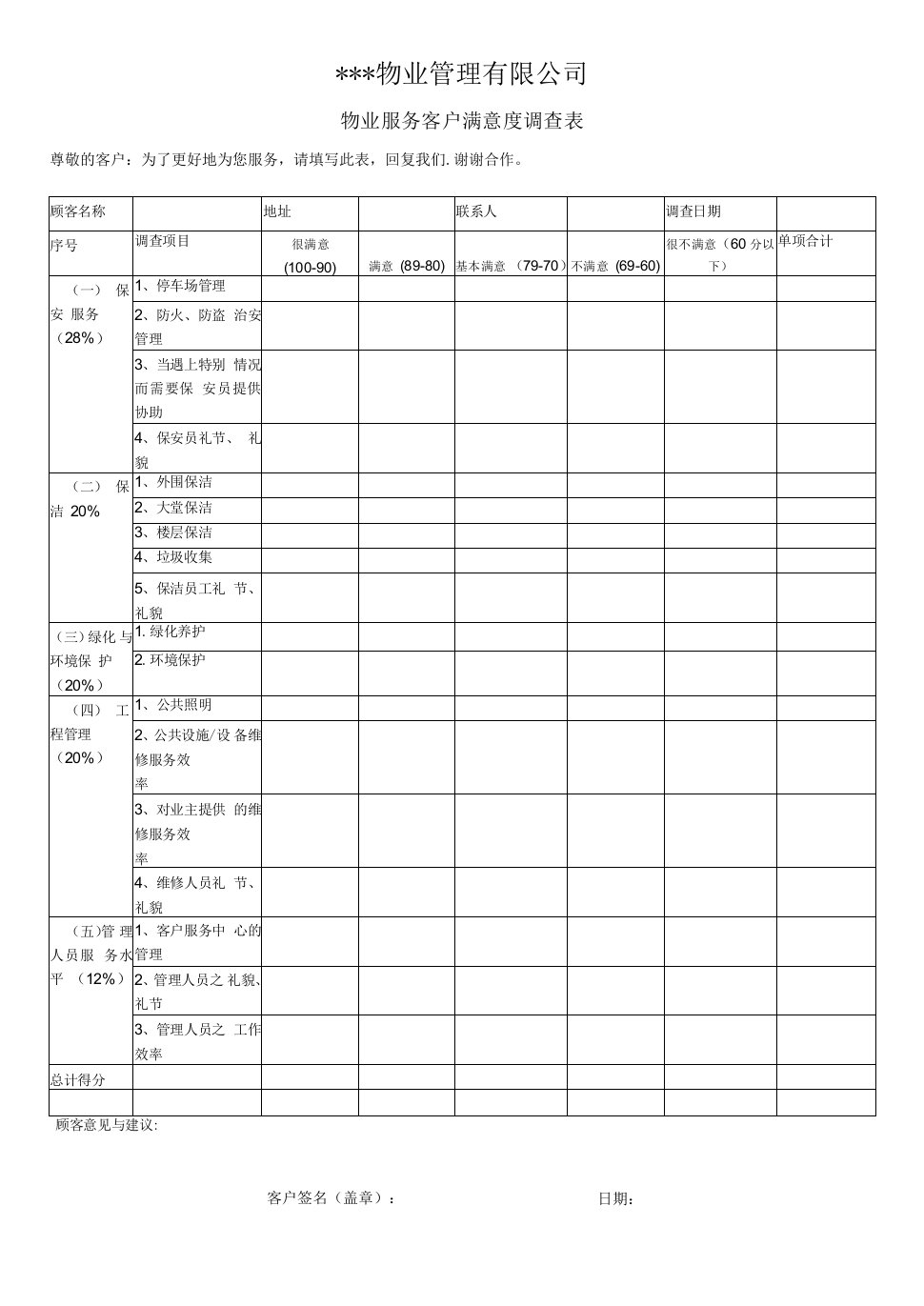 物业服务客户满意度调查表