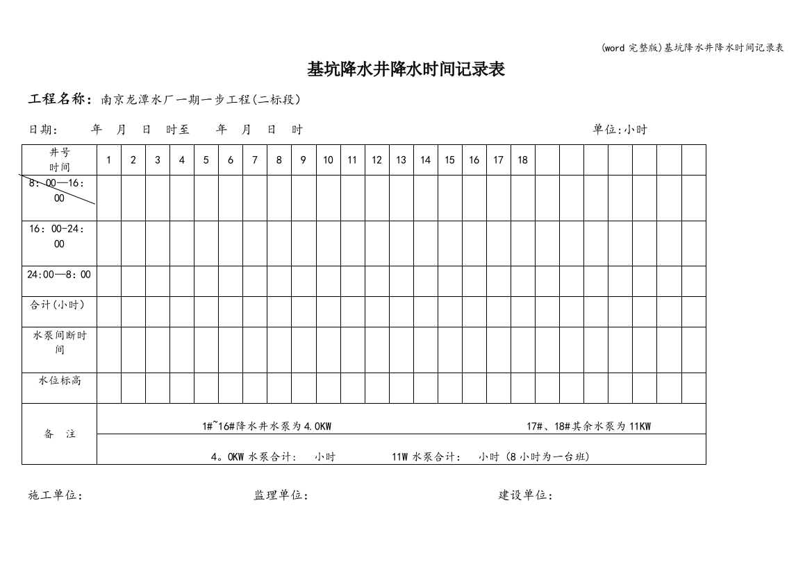 (word完整版)基坑降水井降水时间记录表