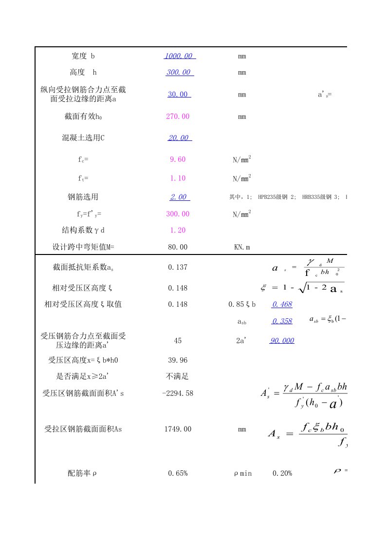 配筋计算excel程序(完善单筋截面配筋)