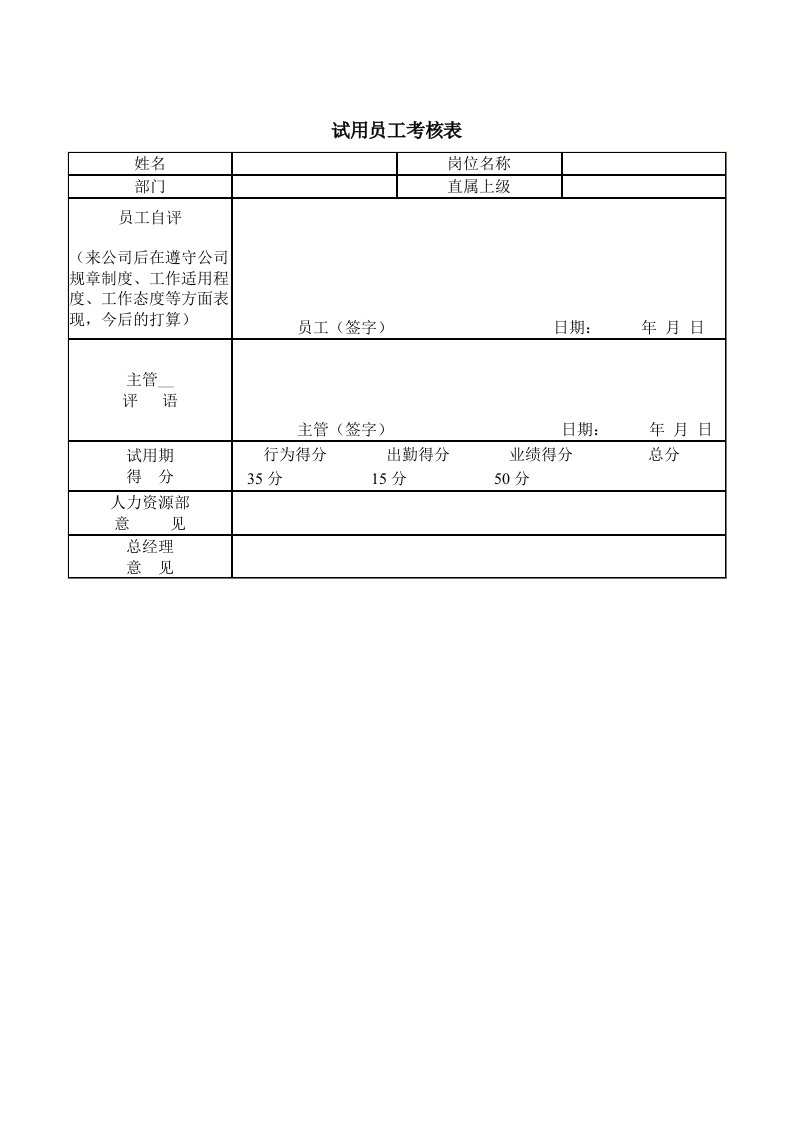 【经管励志】试用员工考核表