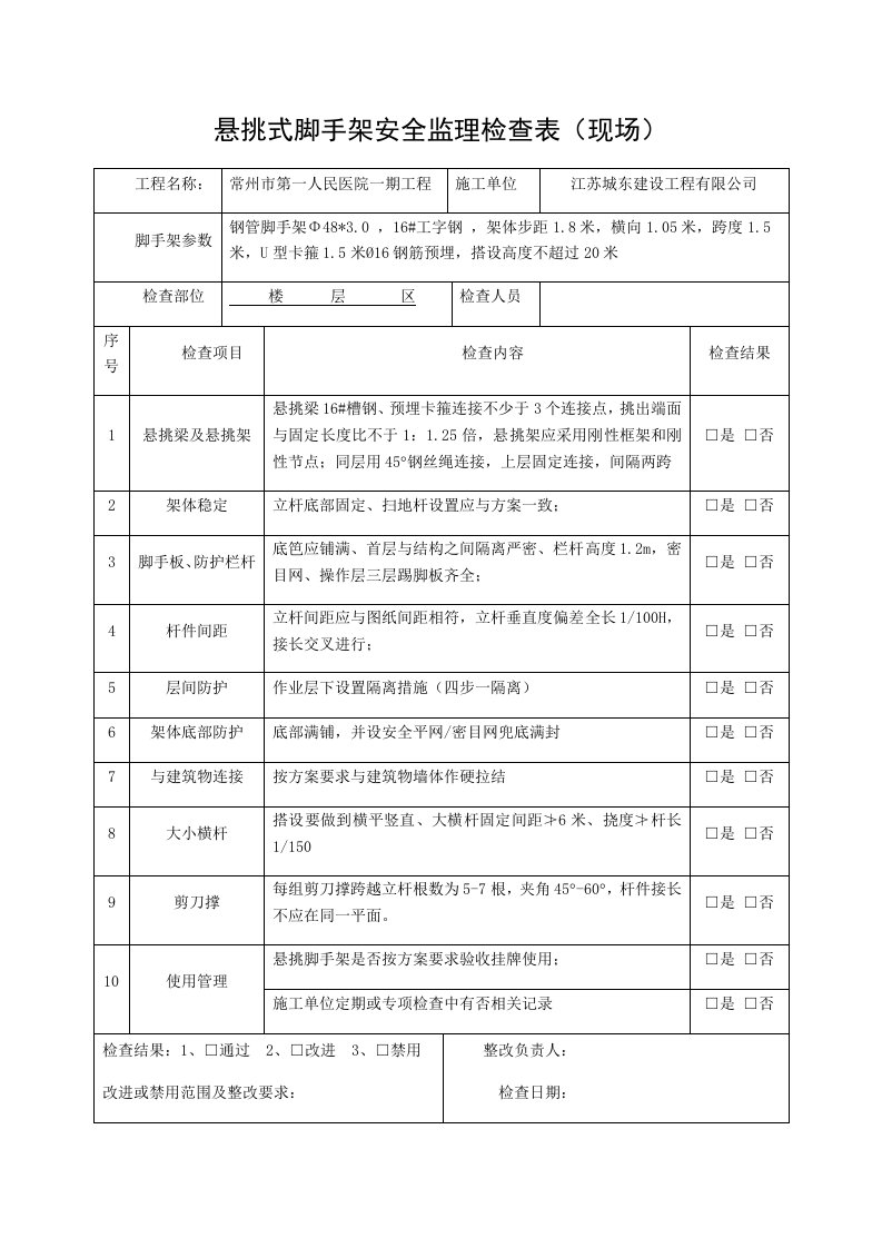 悬挑式脚手架安全监理检查表