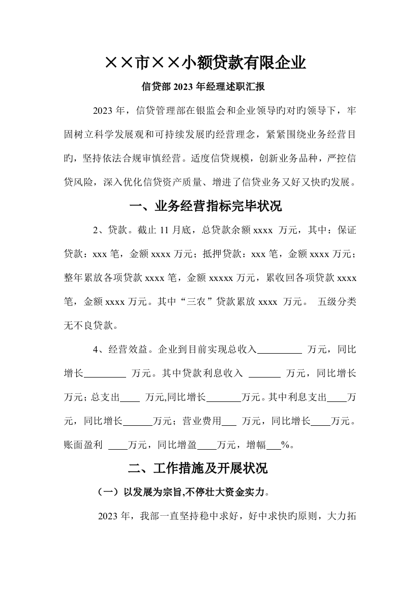 2023年小额贷款公司经理述职报告