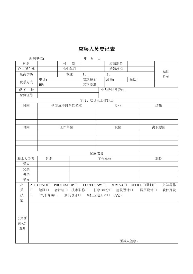 煤炭行业-人力资源部-应聘人员登记表格