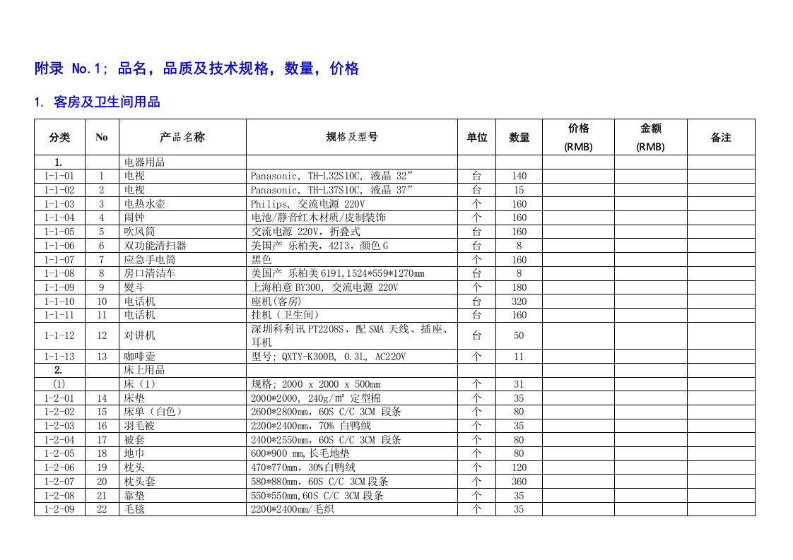 酒店采购清单