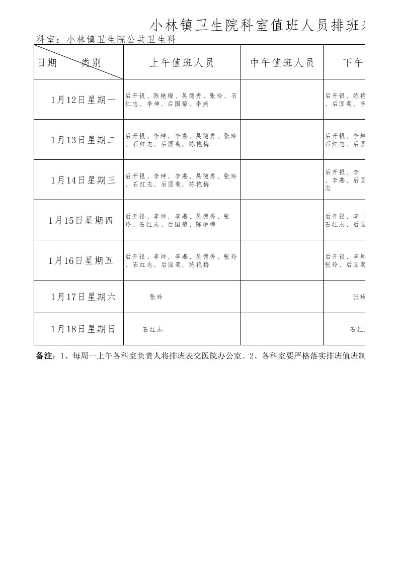 科室一周值班排班表