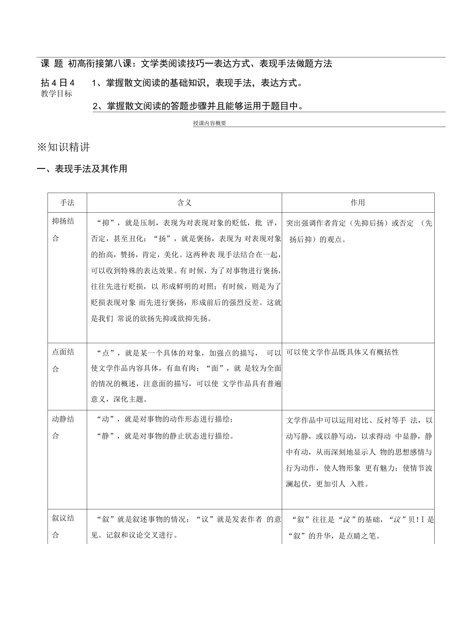 2023年上海新高一上学期语文暑假讲义-初高衔接8：文学类阅读技巧——表达方式、表现手法做题方法