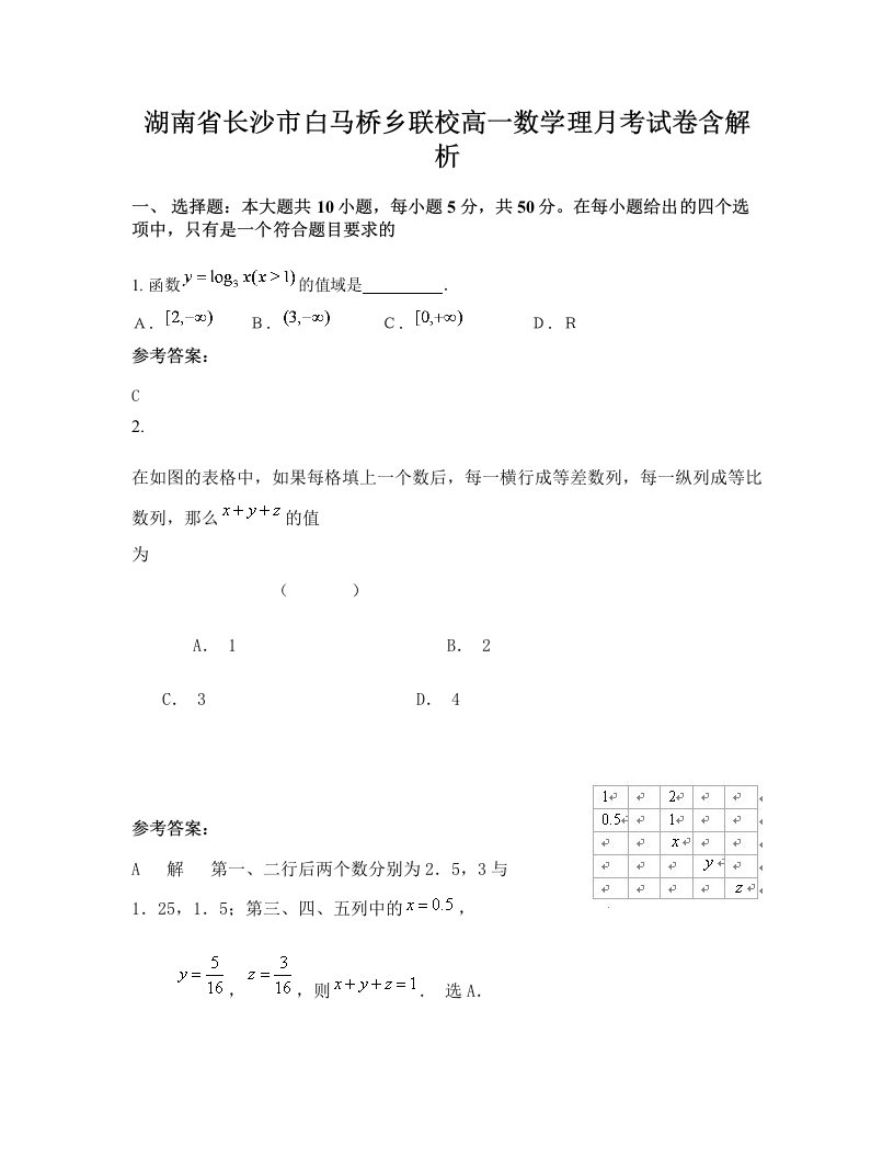 湖南省长沙市白马桥乡联校高一数学理月考试卷含解析