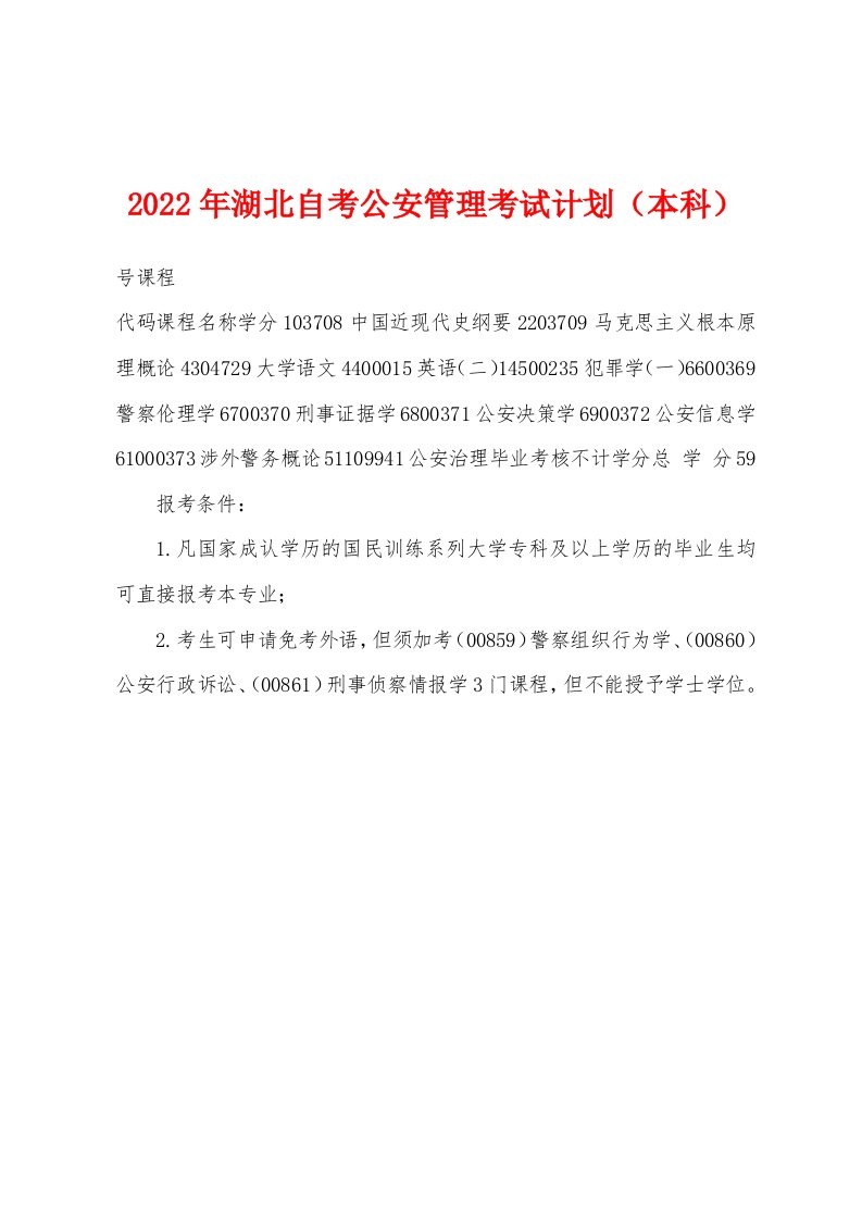 2022年湖北自考公安管理考试计划（本科）