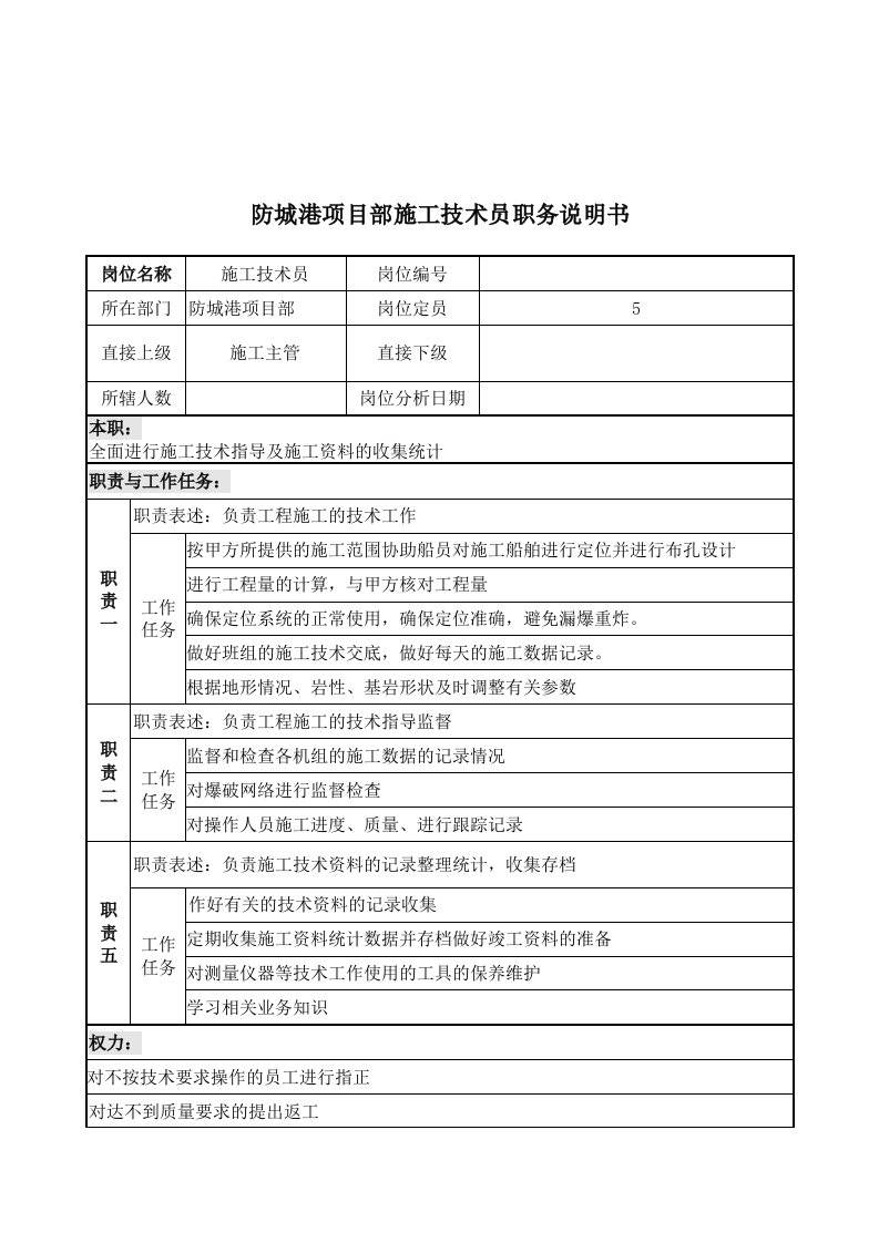 项目管理-防城港项目部施工技术员职务说明书