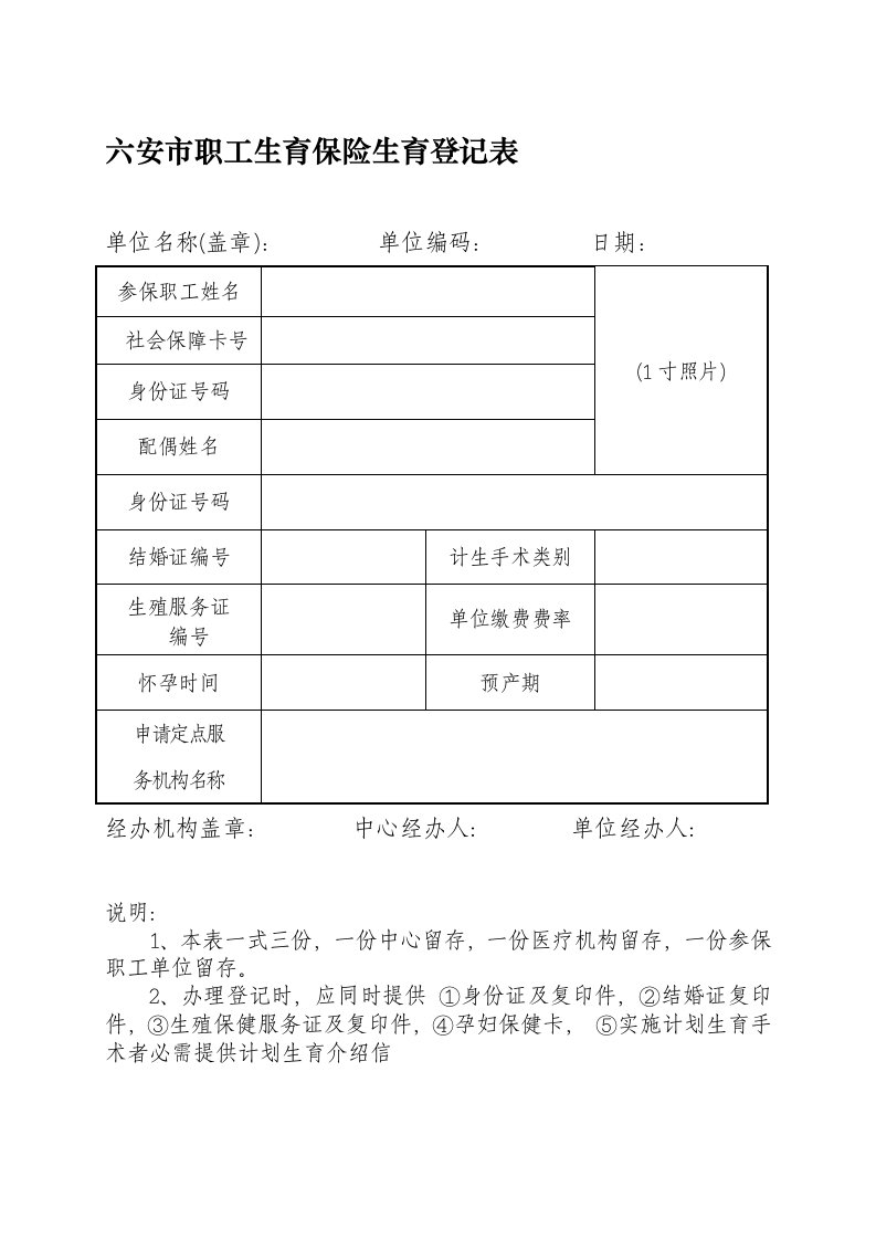 六安市城镇职工生育保险生育登记表