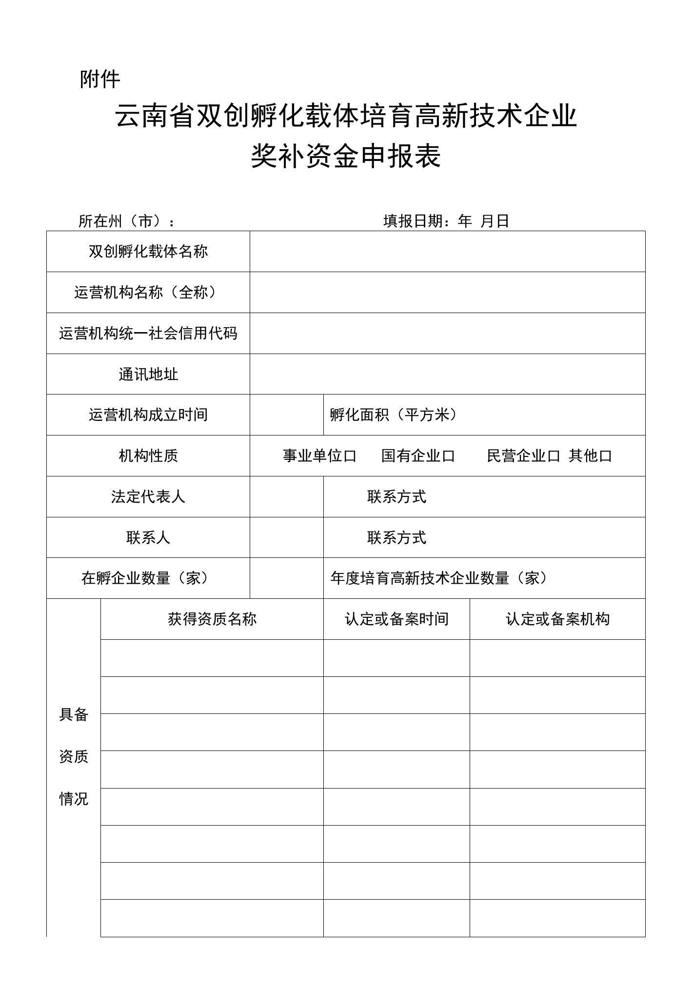 云南省双创孵化载体培育高新技术企业奖补资金申报表