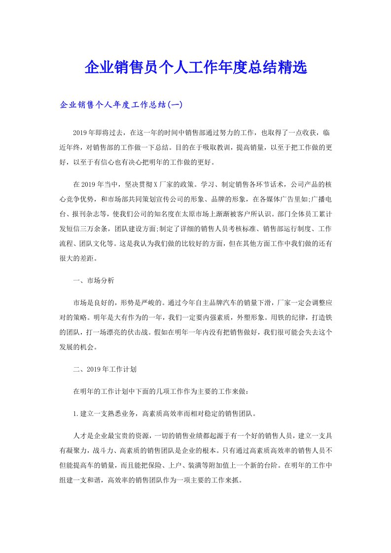 企业销售员个人工作年度总结精选