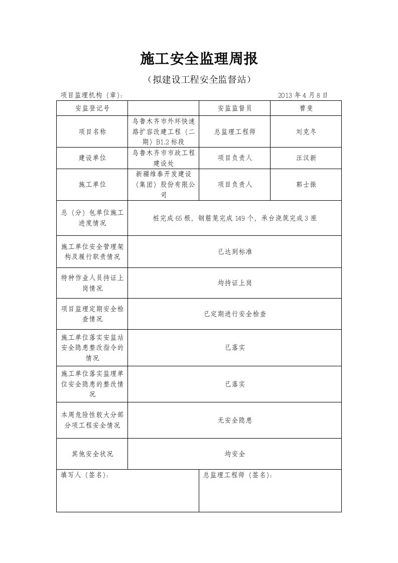 项目施工安全周报