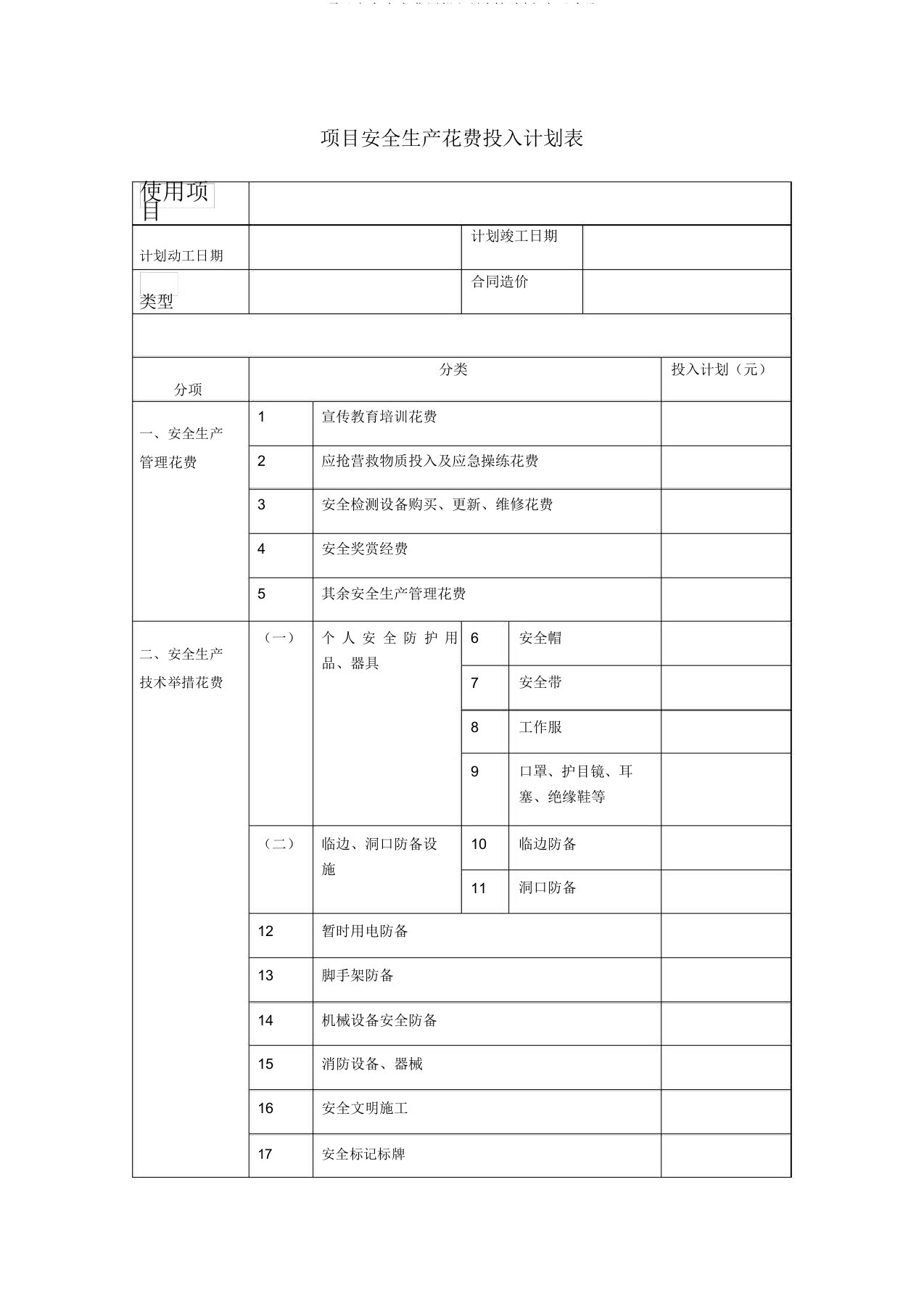 项目安全生产费用投入计划规划方案及台账