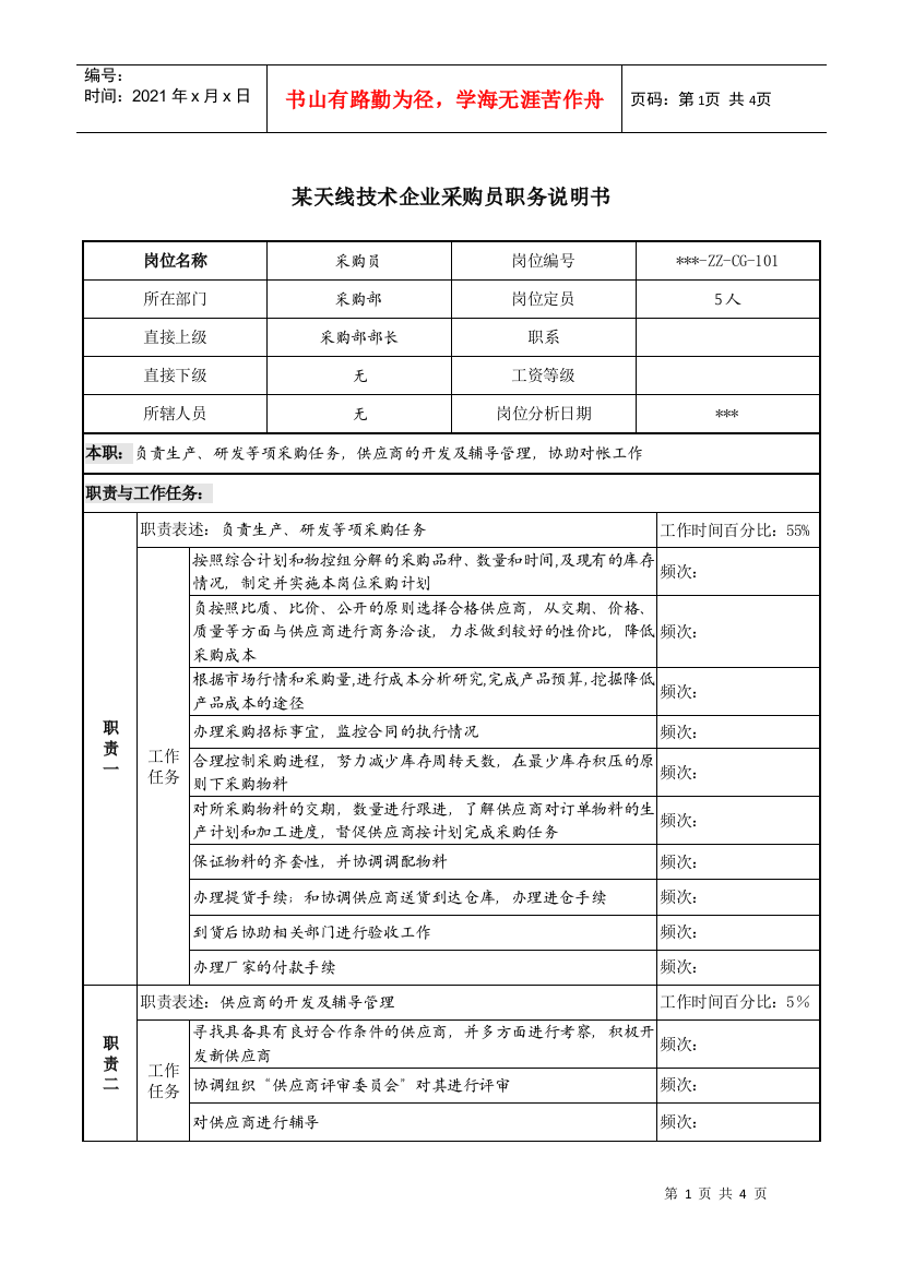 天线技术企业采购员职务说明书