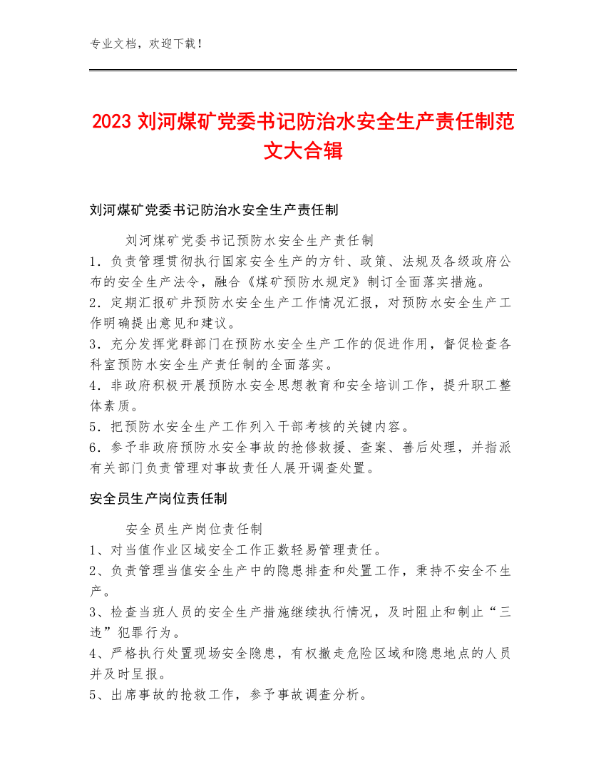 2023刘河煤矿党委书记防治水安全生产责任制范文大合辑