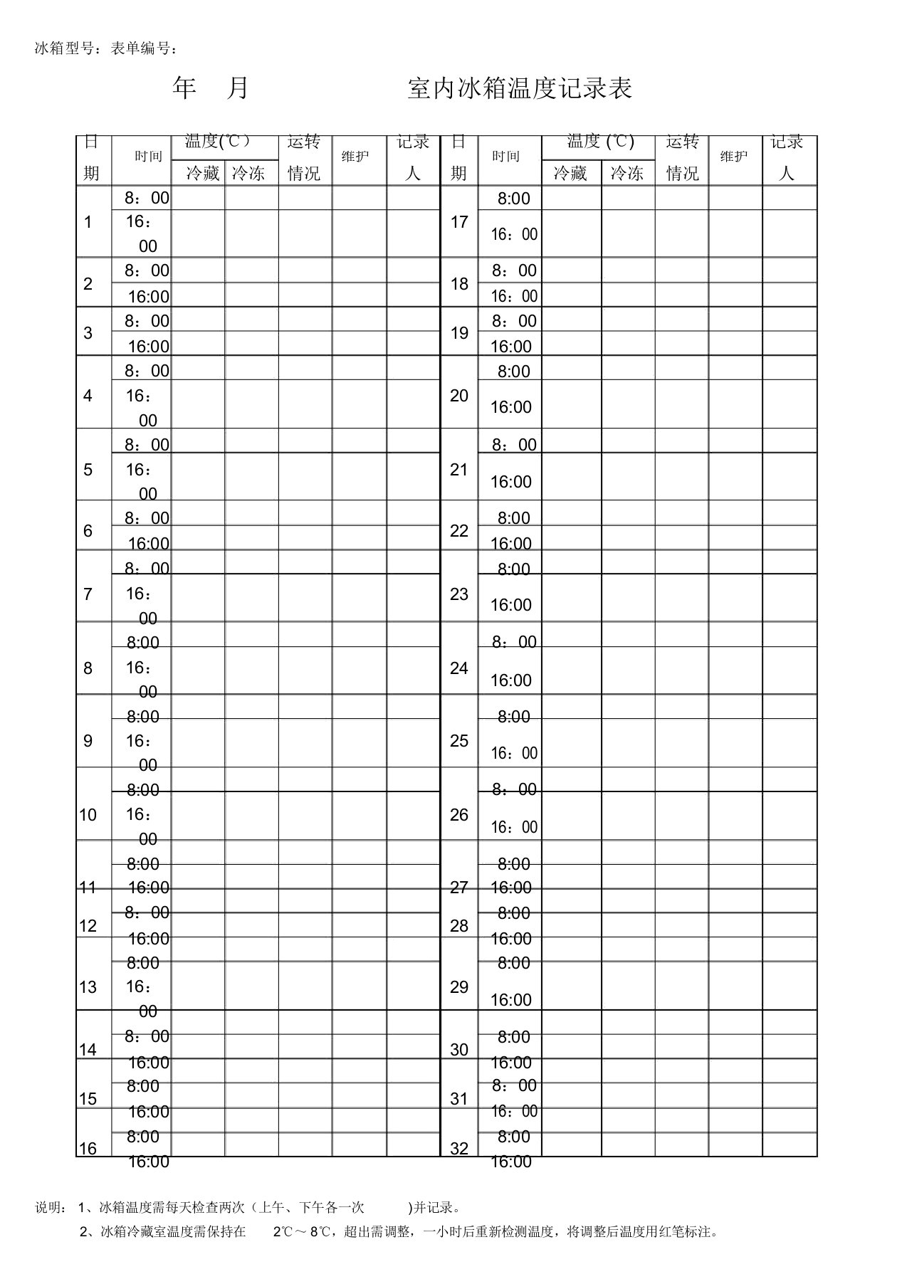 实验室冰箱温度记录表