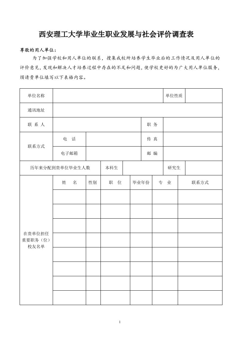 西安理工大学毕业生职业发展与社会评价调查表